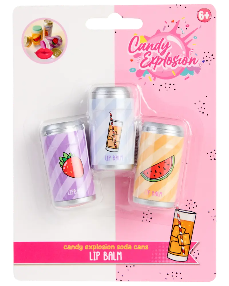 Sæt med tre læbepomader i sodavandsdåse-formede beholdere med farverige frugtmotiver: jordbær, vandmelon og en drik. Velegnet til børn fra 6 år.