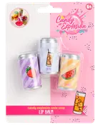 Set med tre läppbalsam i burkformade förpackningar med färgglada fruktmotiv: jordgubbe, vattenmelon och dryck. Passar barn från 6 år.