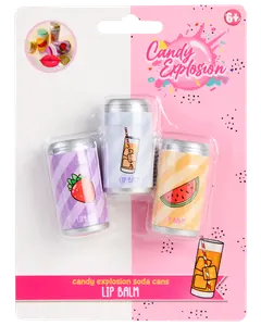Sæt med tre læbepomader i sodavandsdåse-formede beholdere med farverige frugtmotiver: jordbær, vandmelon og en drik. Velegnet til børn fra 6 år.