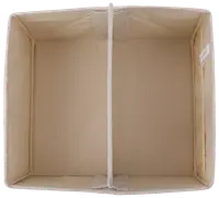 Rektangulær beige opbevaringsboks i stof med midteradskillelse, der skaber to lige store rum. Bløde sider og forstærkede kanter, ideel til organisering af tøj, legetøj eller husholdningsartikler.