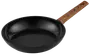 Sort non-stick stegepande med rund form og træhåndtag med ophængshul. Velegnet til forskellige komfurer og ideel til daglig madlavning.