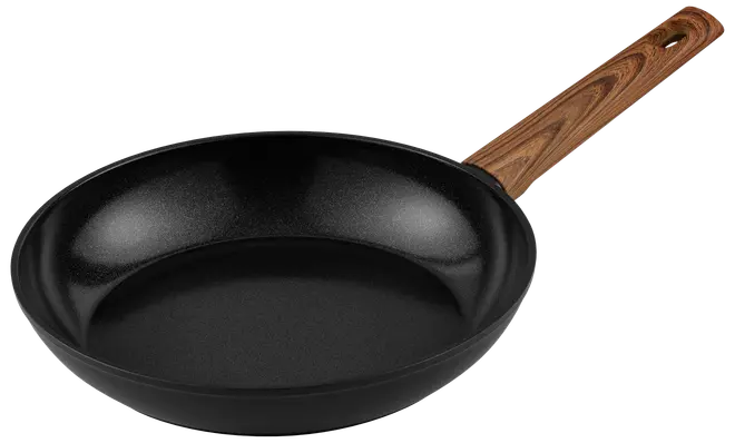 Sort non-stick stegepande med rund form og træhåndtag med ophængshul. Velegnet til forskellige komfurer og ideel til daglig madlavning.