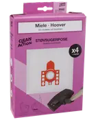 Pakke med fire støvsugerposer og et filter, passer til Miele og Hoover. Clean Action mærke, lyserød emballage, billede af pose og støvsugerhoved på forsiden.