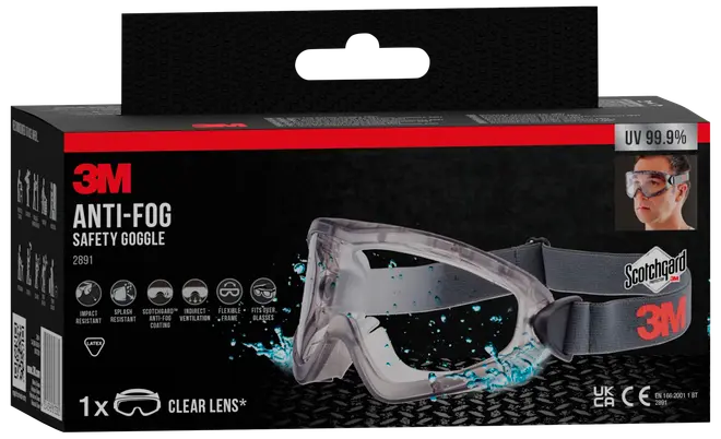 3M anti-dug sikkerhedsbrille med klart glas, stød- og stænksikre, fleksibel ramme, indirekte ventilation, justerbar rem og Scotchgard anti-dug belægning. Én pr. æske.