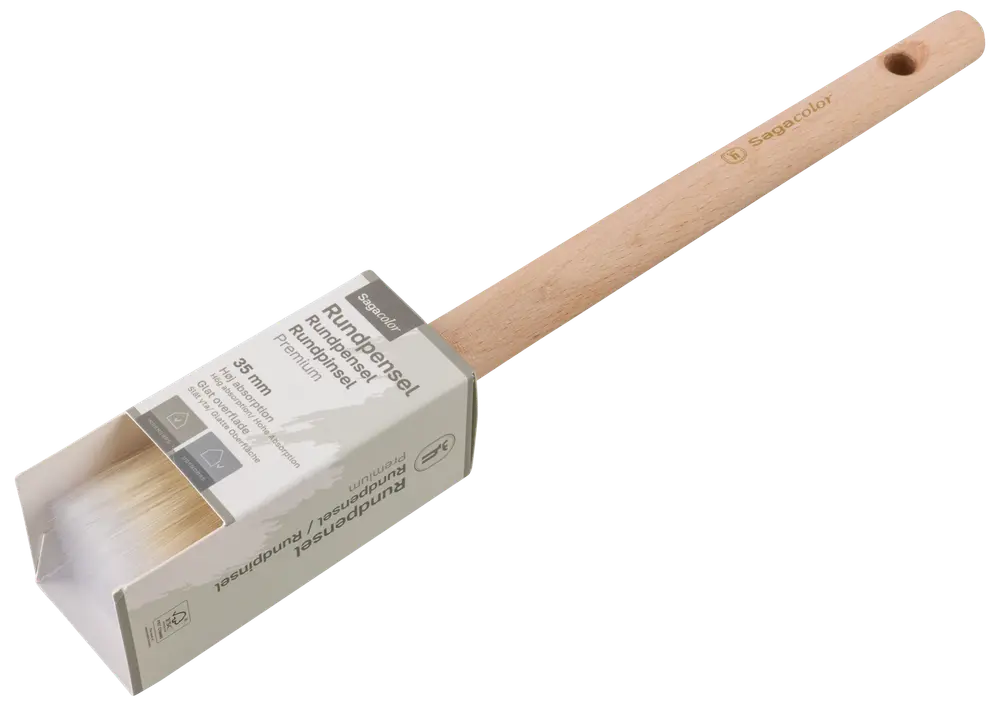 Rund pensel med træskaft og lyse børster, 35 mm, pakket i papæske med produktinformation. Velegnet til maling og lakering.