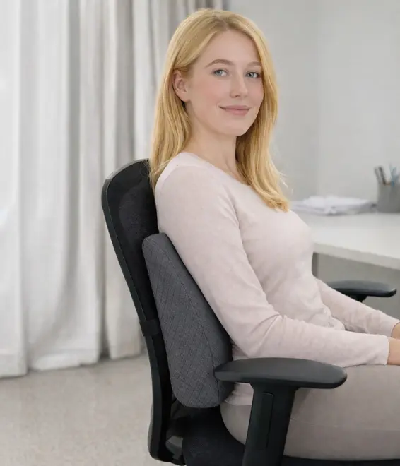 Sort ergonomisk kontorstol med højt ryglæn, polstrede armlæn og grå lændestøttepude, vist med en siddende kvinde i et hjemmekontor. - Billedet er skabt med AI