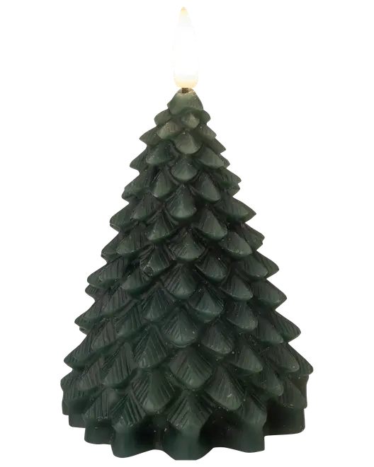 Grøn stearinlys formet som et juletræ med detaljeret grenstruktur og én væge i toppen, perfekt til juledekoration eller som sæsonbetonet gave.