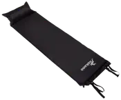 Svart självuppblåsande liggunderlag med integrerad kudde, rektangulär form och remmar för enkel packning. Makano-logga i vitt på ena änden. Lätt och portabel.