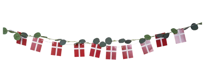 Festlig guirlande med røde og lyserøde gaveæske-ornamenter, hvide bånddetaljer og grønne runde accenter på en buet snor.