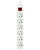 Hvid stikdåse med seks runde udtag og en rød tænd/sluk-knap. Passer til europæiske stik. Langt, rektangulært design til flere elektroniske enheder.