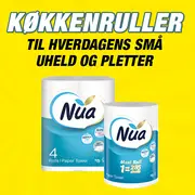 Nua køkkenruller, pakke med 4 ruller og maxi rulle med 285 ark. Hvide, absorberende, stærke, velegnet til daglige uheld og pletter. Blå og hvid emballage.
