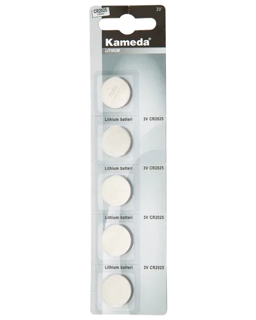 Pakke med fem Kameda CR2025 lithium knapcellebatterier, 3V hver. Velegnet til små elektroniske enheder som ure, lommeregnere og bilnøgler. Batterierne er individuelt indpakket.