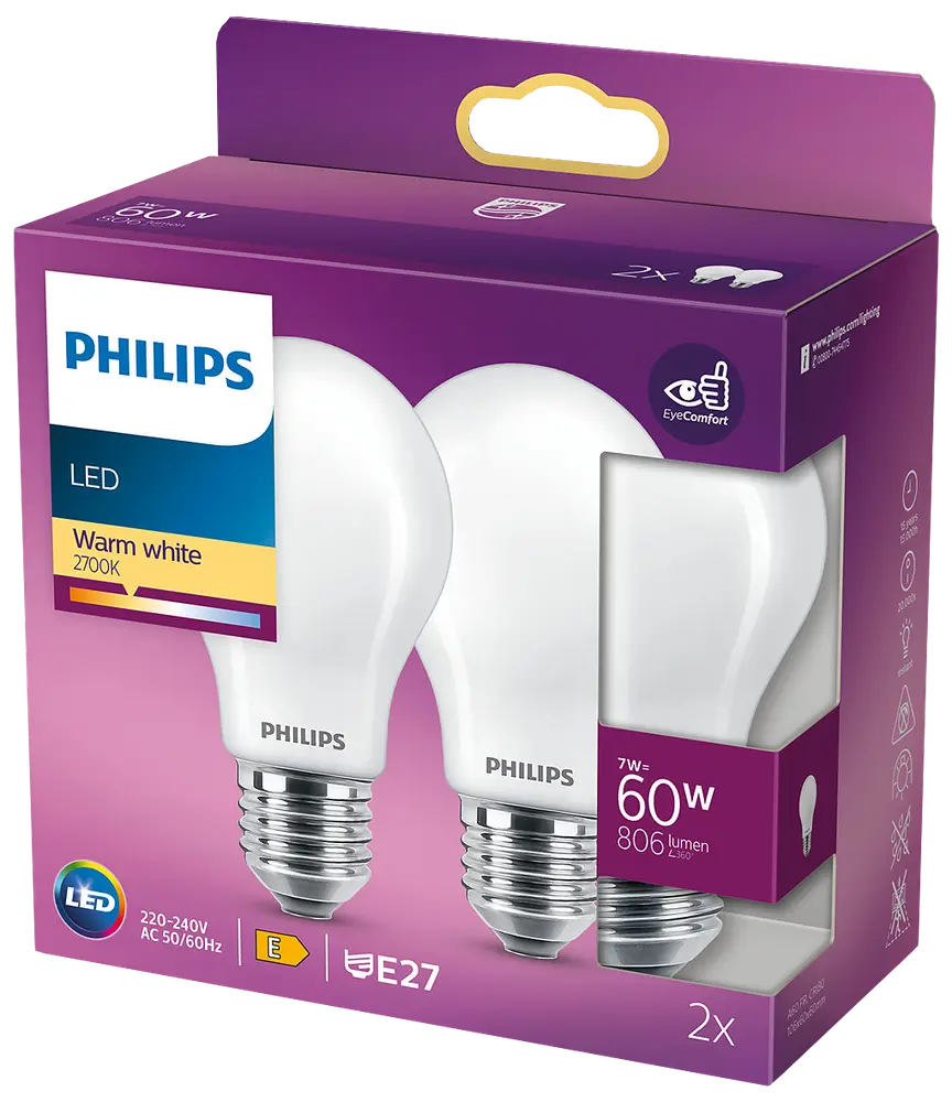 Philips classic LED-pære 7W E27 (2-pakke) billede 3