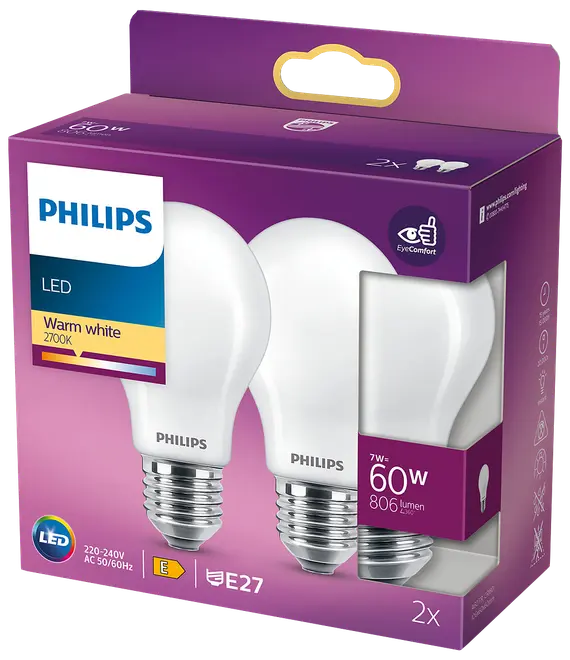 PHILIPS LED-pære 7W E27 A60 2-pak