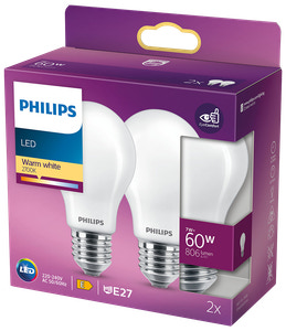 PHILIPS LED-pære 7W E27 A60 2-pak