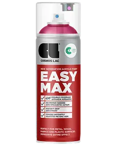 Cosmos Lac Easy Max akrylspraymaling, 400 ml dåse, egnet til metal, træ, stof og plast. Giver dobbelt dække, tørrer hurtigt og har satinfinish. Rød og sølv design.