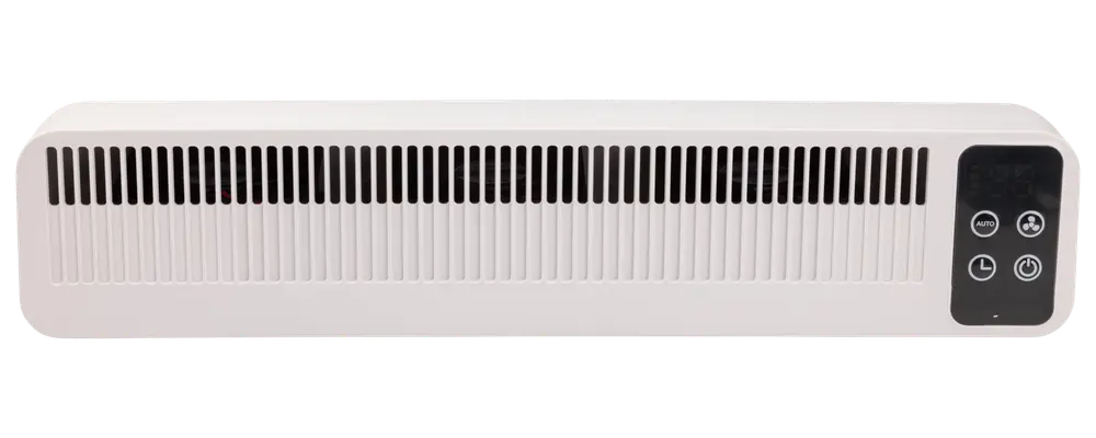 Vit väggmonterad elradiator med frontventiler och svart kontrollpanel med fyra touchknappar för ström, timer, läge och fläkthastighet. Smal, modern design för hemmet.