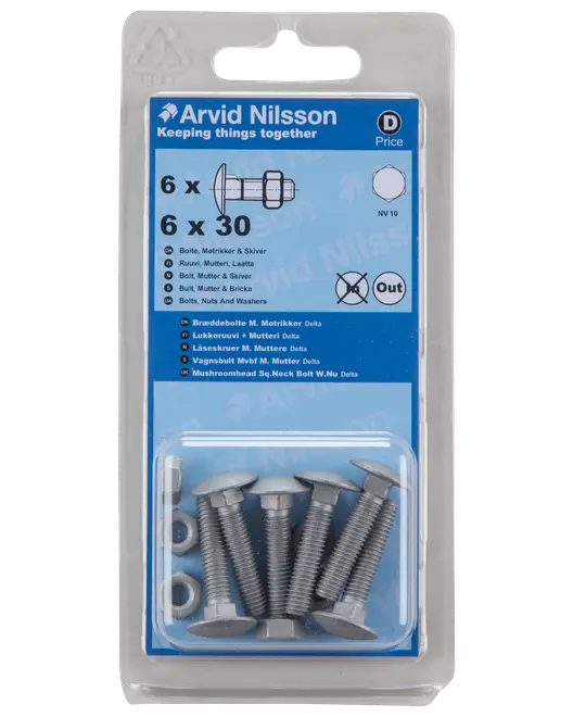 Vagnsbult med mutter 6x30 6 st