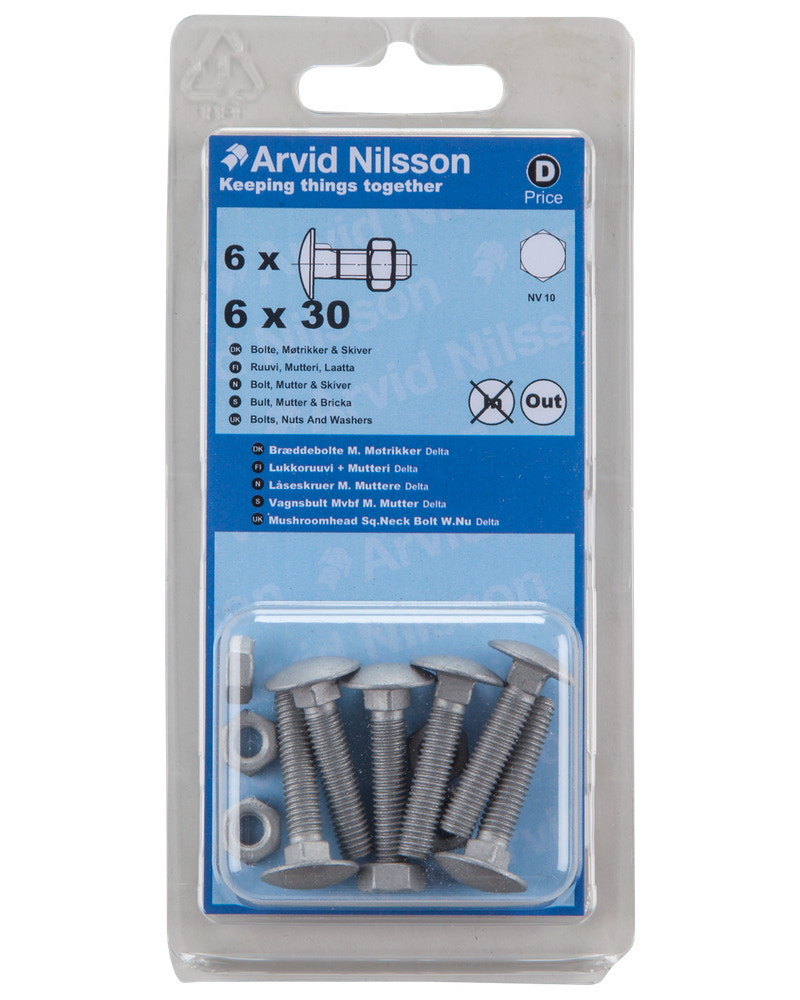 Arvid Nilsson Bræddebolt + møtrik M6 x 30 mm 6-pak