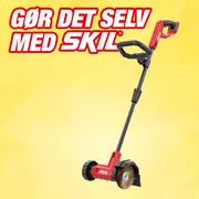 Rød og sort elektrisk ukrudtsbørste med ergonomisk håndtag, justerbart skaft og roterende stålbørstehoved. Velegnet til rengøring mellem fliser. SKIL-logo synligt.