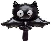 Svart folieballong formad som en tecknad fladdermus med stora vita ögon, spetsiga öron, huggtänder och utsträckta vingar. Perfekt för Halloween eller temafest.