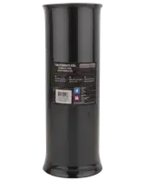 Svart toalettborsthållare i rostfritt stål, cylindrisk med blank yta. Hållbar och modern design för badrum. Etikett framtill med produktinformation och streckkod.