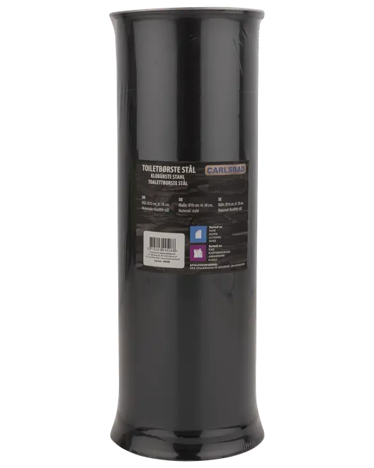 Sort toiletbørsteholder i rustfrit stål, cylindrisk form med blank finish. Holdbart og moderne design til badeværelset. Etiket foran med produktinformation og stregkode.
