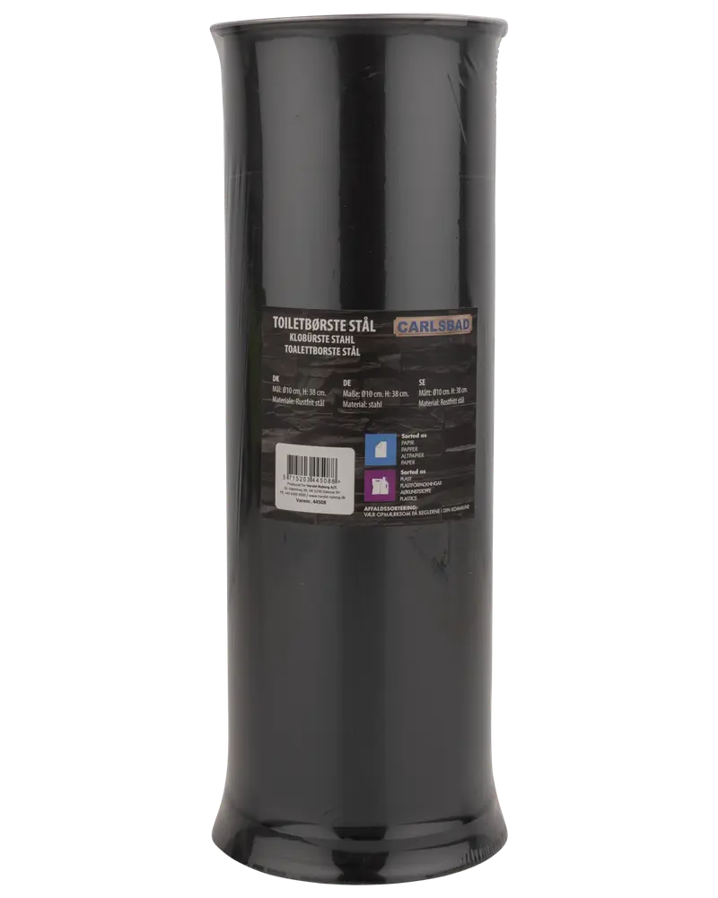 Svart toalettborsthållare i rostfritt stål, cylindrisk med blank yta. Hållbar och modern design för badrum. Etikett framtill med produktinformation och streckkod.