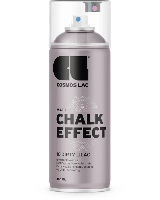 400 ml spraydåse Cosmos Lac Matt Chalk Effect maling i farven Dirty Lilac, ideel til møbler, hurtigtørrende akrylformel, ekstra dyse, drypfri teknologi.