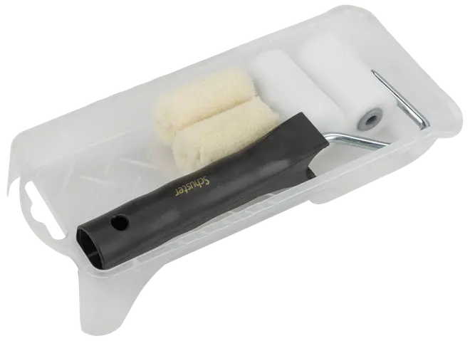 Målarset med svart handtag, två vita skumrullar, två beige tygrollers och en plastbricka, perfekt för släta och strukturerade ytor.