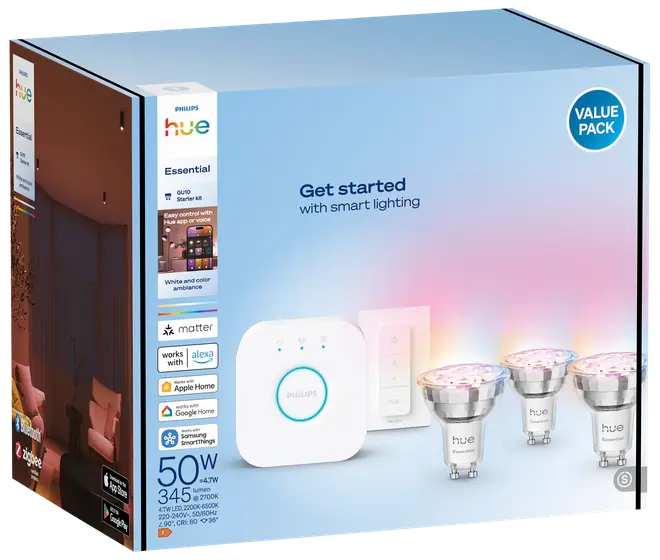 Philips Hue Essential GU10 startpakke med tre smarte LED-pærer, Hue Bridge og trådløs dæmperkontakt. Giver hvidt og farvet lys, kompatibel med smart home-systemer.