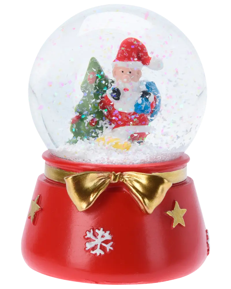 Jul-snöglob med jultomte och gran inuti, röd bas dekorerad med gyllene rosett, stjärnor och vit snöflinga. Glitter och snö virvlar runt vid skakning.