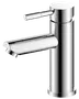 Moderne krom badeværelsesarmatur med cylindrisk krop, enkelt greb og slank tud. Poleret finish, minimalistisk design, passer til moderne håndvaske. Holdbar metal konstruktion.