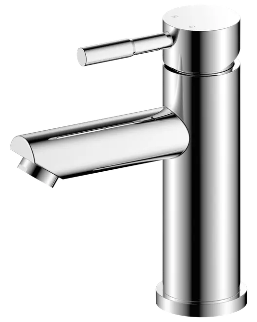 Moderne krom badeværelsesarmatur med cylindrisk krop, enkelt greb og slank tud. Poleret finish, minimalistisk design, passer til moderne håndvaske. Holdbar metal konstruktion.