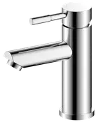 Moderne krom badeværelsesarmatur med cylindrisk krop, enkelt greb og slank tud. Poleret finish, minimalistisk design, passer til moderne håndvaske. Holdbar metal konstruktion.