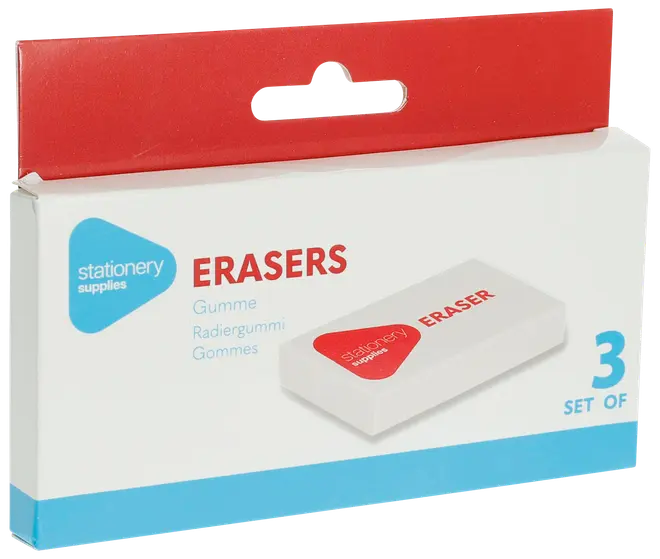 Pakke med tre hvide rektangulære viskelædere, mærket "stationery supplies" og "ERASER" i rød, pakket i en hvid æske med blå og røde detaljer.