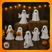 Sæt med hvide spøgelsesfigurer til Halloween i forskellige positurer, med solbriller, græskar og rekvisitter, vist på halmballer med uhyggelig efterårspynt.