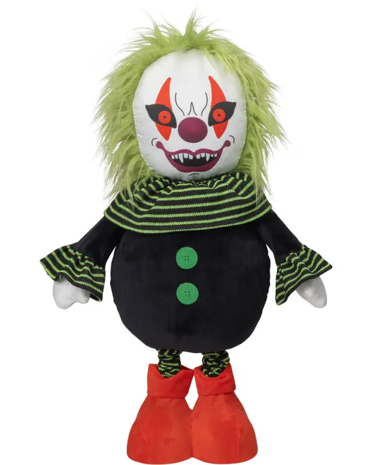Halloween-klovneplysdyr med grønt strittende hår, hvidt ansigt, stribet krave og manchetter, sort dragt, grønne knapper og store røde sko.