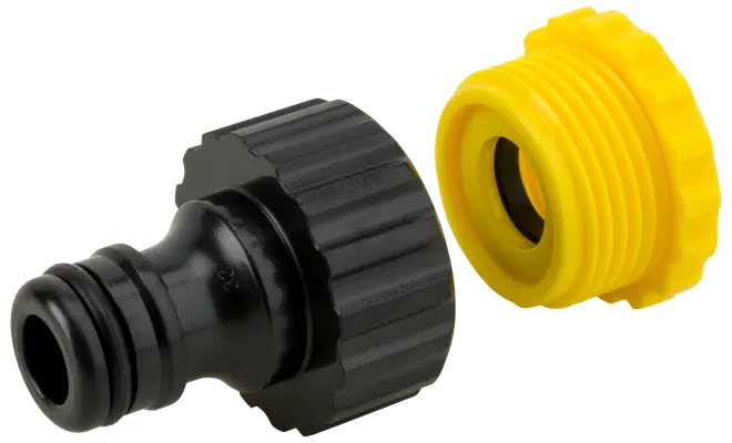 Plastslangkopplingsset med svart snabbkoppling och gul gängadapter, passar trädgårdsslangar och utomhuskranar. Hållbar, räfflad design för enkelt grepp och montering.