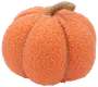 Mjuk dekorativ pumpa med texturerat orange tyg, segmenterad med snöre och snöromlindad stjälk. Perfekt för höst- eller Halloween-dekoration. Rund och lätt.