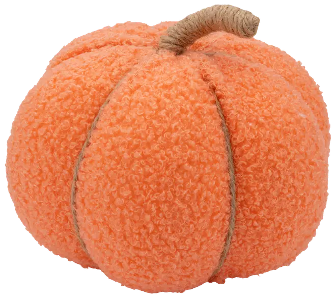 Mjuk dekorativ pumpa med texturerat orange tyg, segmenterad med snöre och snöromlindad stjälk. Perfekt för höst- eller Halloween-dekoration. Rund och lätt.