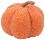 Mjuk dekorativ pumpa med texturerat orange tyg, segmenterad med snöre och snöromlindad stjälk. Perfekt för höst- eller Halloween-dekoration. Rund och lätt.