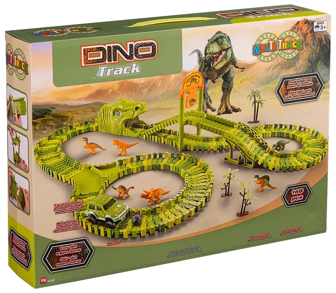 Dinosaur-tema legebane med 168 dele, fleksible grønne spor, dinosaurhoved-tunnel, legebil, dinosaurfigurer, træer og bro. Velegnet til børn fra 3 år.