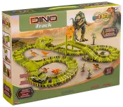 Dinosaur-tema legebane med 168 dele, fleksible grønne spor, dinosaurhoved-tunnel, legebil, dinosaurfigurer, træer og bro. Velegnet til børn fra 3 år.