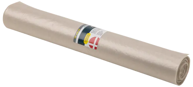 Rullet beige papirark med etiket. Velegnet til indpakning, hobby eller afdækning. Holdbart og let, nemt at klippe og bruge til forskellige formål.