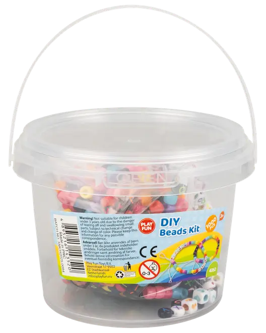 Plastikspand med 1000 farverige perler til DIY smykkefremstilling. Indeholder forskellige former og farver. Egnet til børn over 3 år. Sikker låg og bærehåndtag.