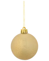 Rundt gyllene julgranskulor med glittrig yta, guldfärgad topp och matchande snöre. Perfekt för julgransdekoration. Lätt och okrossbar design.