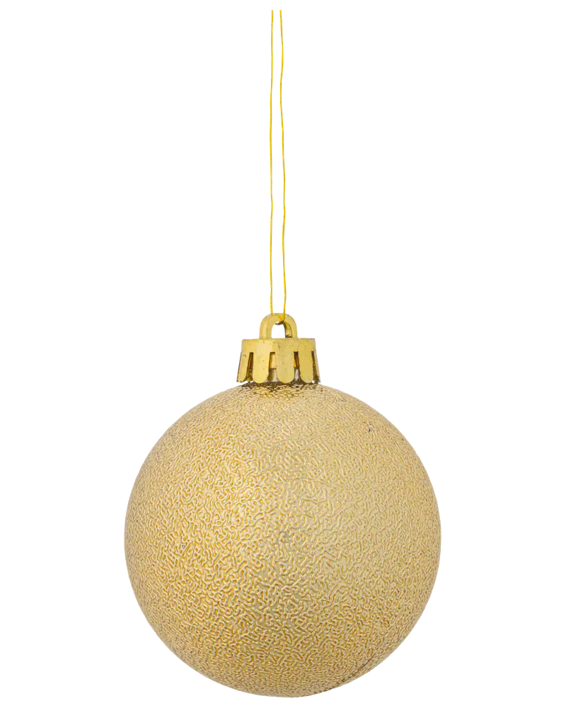 Rundt gyllene julgranskulor med glittrig yta, guldfärgad topp och matchande snöre. Perfekt för julgransdekoration. Lätt och okrossbar design.