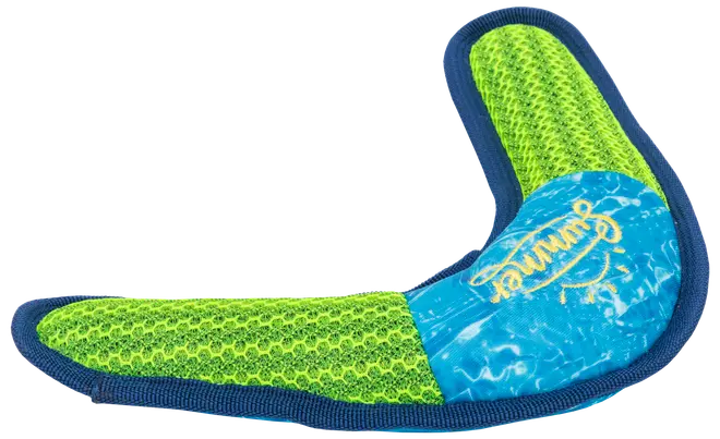 Bumerangformat hundleksak i ljusgrönt och blått med texturerat nät, förstärkta blå kanter och hållbar design för interaktiv lek och apportering.