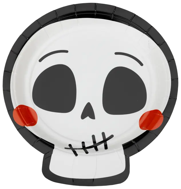 Rund papperstallrik formad som en tecknad dödskalle med stora svarta ögon, liten näsa, sydd mun, röda kinder och svart kant. Perfekt för Halloween eller temafester.